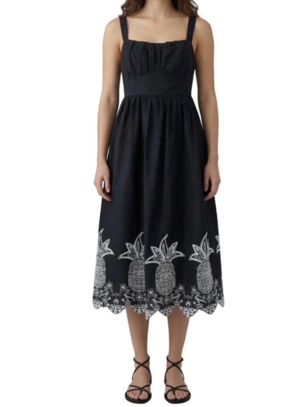 London Times Embroidered Cotton Pineapple Midi Sleeveless Sundress M NWT